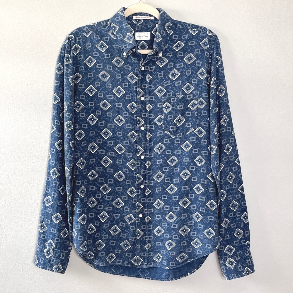 GANT Rugger Indigo Oxford Oblong Print Button Down Shirt Mens‎ M Blue Casual